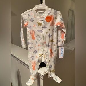 Carter's White and Orange Kids One Piece 2 way Zipper New 3 months